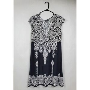 Dots Womens 1X Black White Damask Print Surplice V-Neck Empire Waist Dress